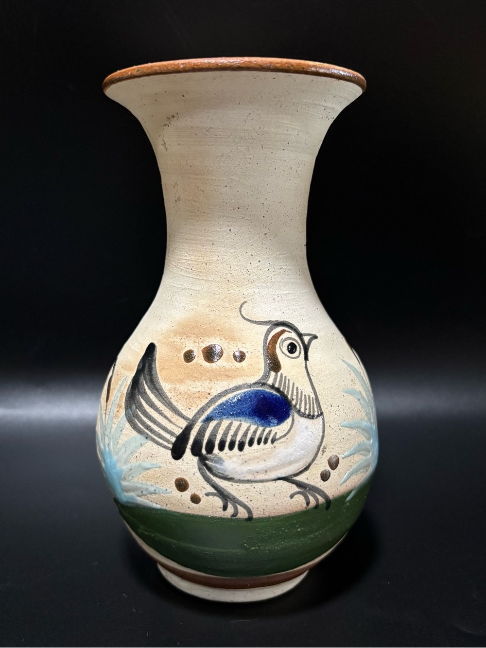 Vintage Tonala Mexican Pottery Vase Hand Painted Folk Art Bird Sandstone 6.5”